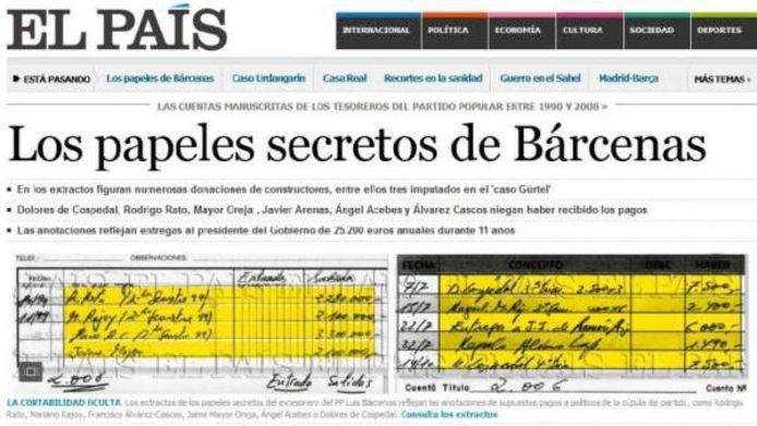 De voorpagina van El Pais van 31 januari 2013, waarin de krant de zwarte boekhouding van Luis Bárcenas blootlegt.