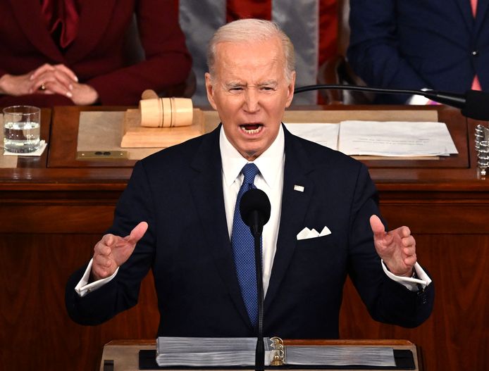 Joe Biden tijdens zijn jaarlijkse toespraak in het Amerikaanse Congres.