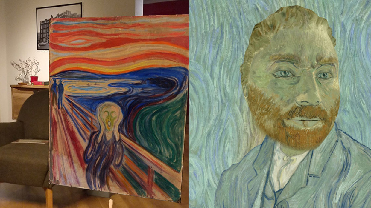 Links: De Schreeuw van Edvard Munch op ware grootte in de woonkamer. Rechts: een selfie van de auteur als Van Gogh. Beeld Google Arts & Culture