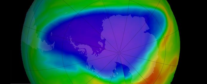 Recente ozonconcentraties boven Antarctica illustreert.