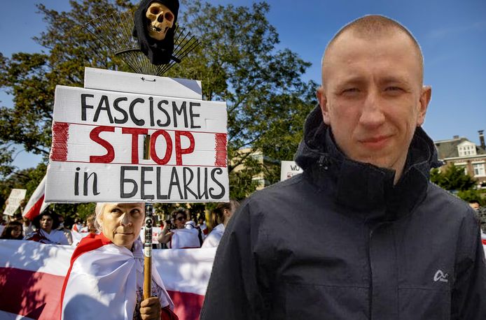 Demonstranten protesteren tegen het Wit-Russische regime. Rechts Vitali Tsjitsjov.