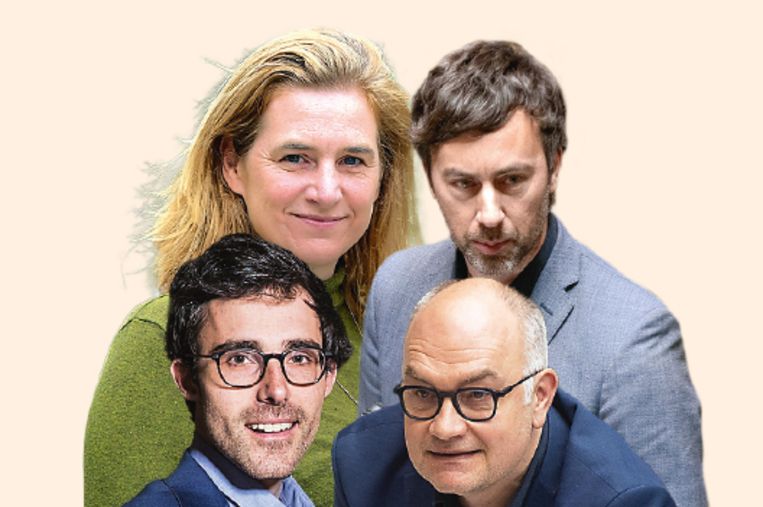 Mogelijke kanshebbers zijn Elke Van den Brandt (linksboven), Wouter De Vriendt (rechtsboven), Kristof Calvo (linksonder) en Björn Rzoska (rechtsonder). Beeld rv