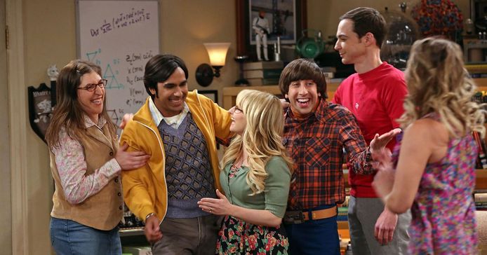 De cast van The Big Bang Theory: Mayim Bialik (Amy), Kunal Nayar (Rajesh), Melissa Rauch (Bernadette), Simon Helberg (Howard), Jim Parsons (Sheldon) en Kaley Cuoco (Penny).