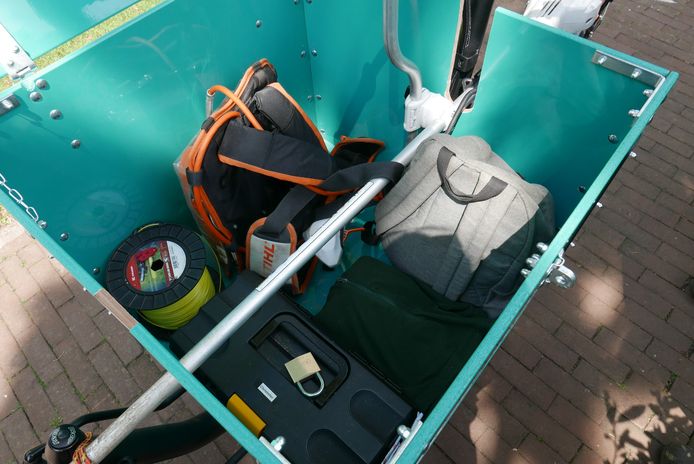 De e-bakfiets die ingezet wordt om in de Bossche binnenstad het groen te onderhouden.