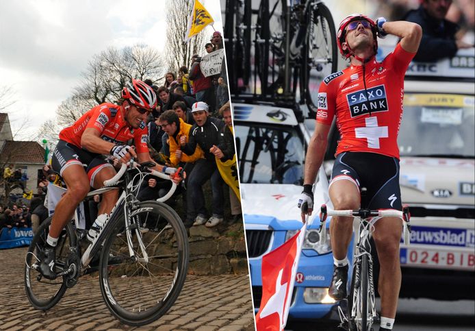 Fabian Cancellara op de Muur van Geraardsbergen tijdens de Ronde van Vlaanderen in 2010.