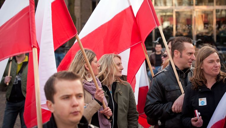 Polen demonstreerden in maart op het Plein in Den Haag tegen het Polenmeldpunt van Geert Wilders. Beeld ANP