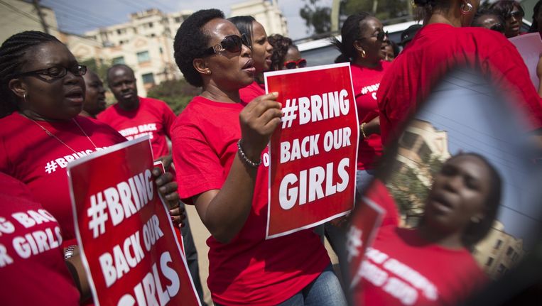 Vrouwen in Nigeria protesteren tegen de ontvoering van ruim tweehonderd schoolmeisjes door Boko Haram Beeld epa