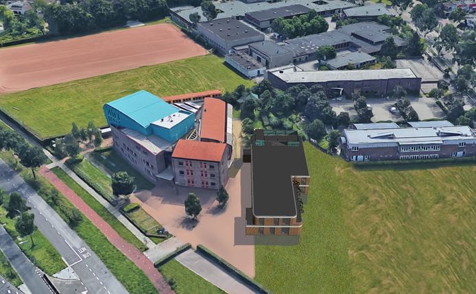 Een voorlopig ontwerp van de uitbreiding (rechts van de bestaande school) van het Novalis College (links) aan de Sterrenlaan in Eindhoven.