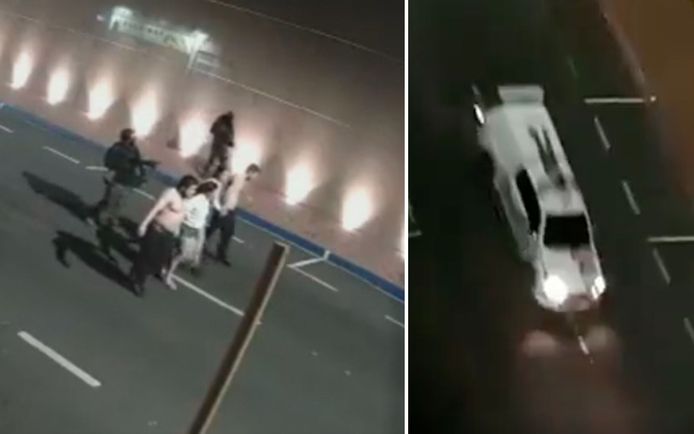 Beelden op sociale media tonen hoe de overvallers bij het verlaten van de stad gijzelaars gebruiken als menselijk schild.