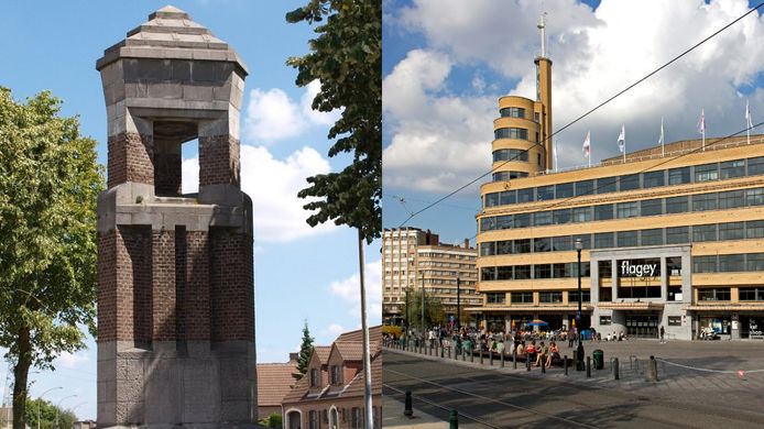Links: monument aan Blauwenhoek; rechts: radiogebouw Flageyplein