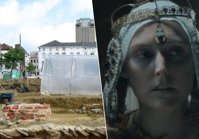 Links: archeologische opgravingen op het Sint-Pietersplein in Gent. Rechts: een actrice geeft in het televisieprogramma 'Het Verhaal van Vlaanderen' Judith Van West-Francië gestalte.