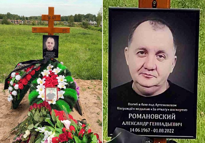Het graf van 'oorlogsheld' Aleksandr Romanovski op het kerkhof van Petergofskoje in Rusland.