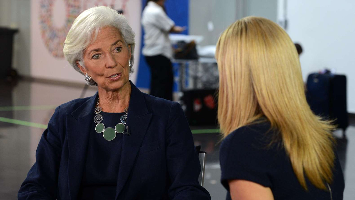IMF-baas Christine Lagarde wordt geïnterviewd door de Peruaanse televisie Beeld afp