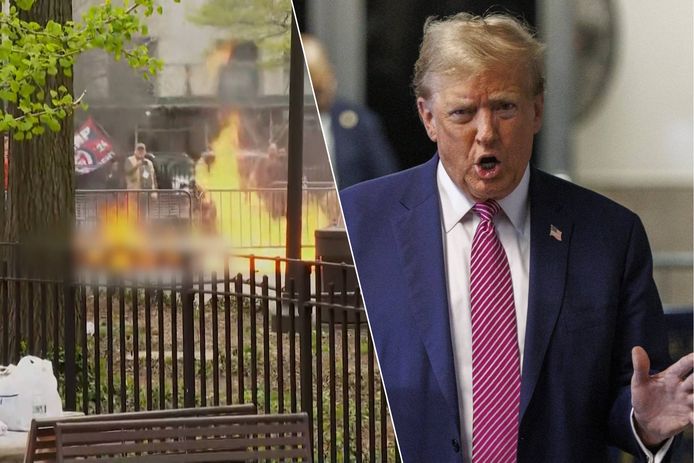 Man steekt zichzelf in brand voor gerechtsgebouw waar rechtszaak tegen Trump plaatsvindt.