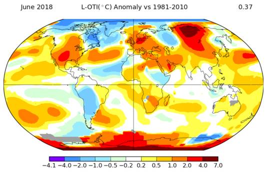 De temperatuurafwijking in de maand juni ten opzichte van het gemiddelde over de periode 1981-2010. Hoe roder het gebied, hoeveel warmer dan gemiddeld.