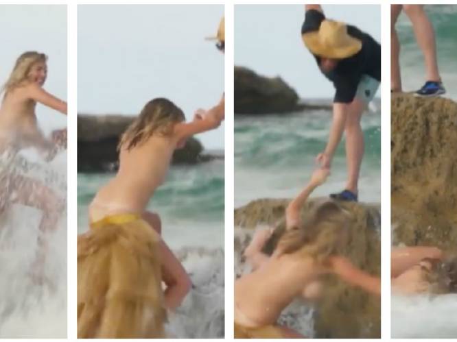 Oeps! Kate Upton valt van een rots tijdens topless fotoshoot