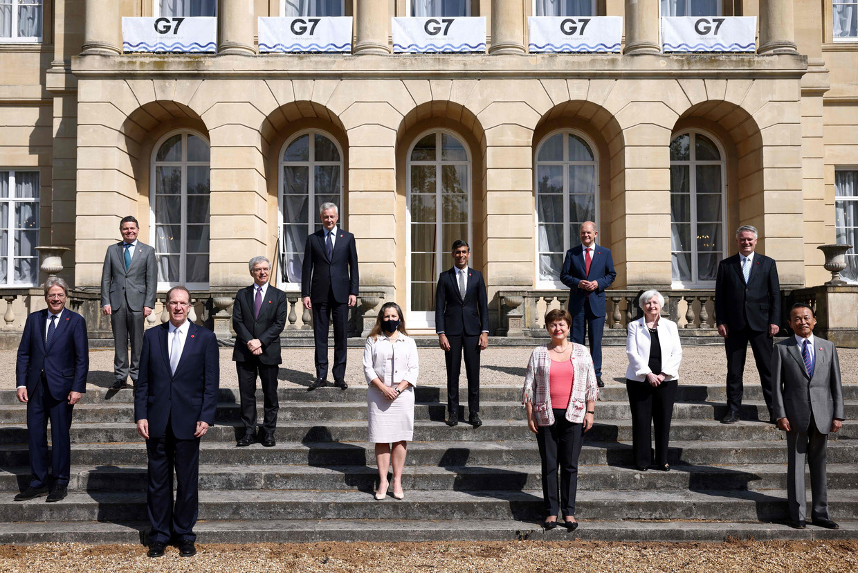 De financiënministers van de G7 kwamen in Londen samen met vertegenwoordigers van de EU en de Wereldbank. Beeld AFP