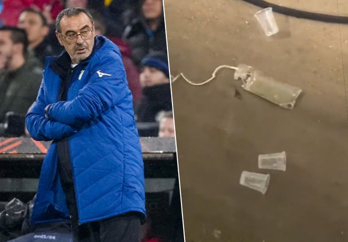 Links: Maurizio Sarri.
Rechts: de katheterzak die naar verluidt naar mensen van Lazio werd gegooid.