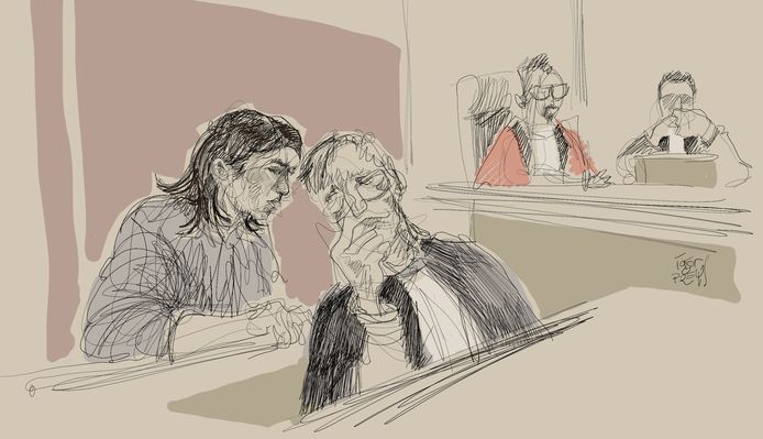Rechtbanktekenaar maakte deze schets van beschuldigde Mehrnaz Didgar en haar advocaat Jef Vermassen.