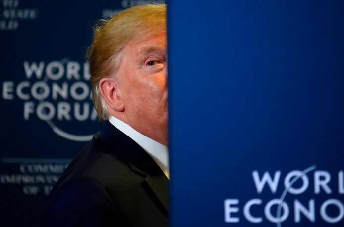 De Amerikaanse president Donald Trump op het World Economic Forum in Davos, Zwitserland vandaag.