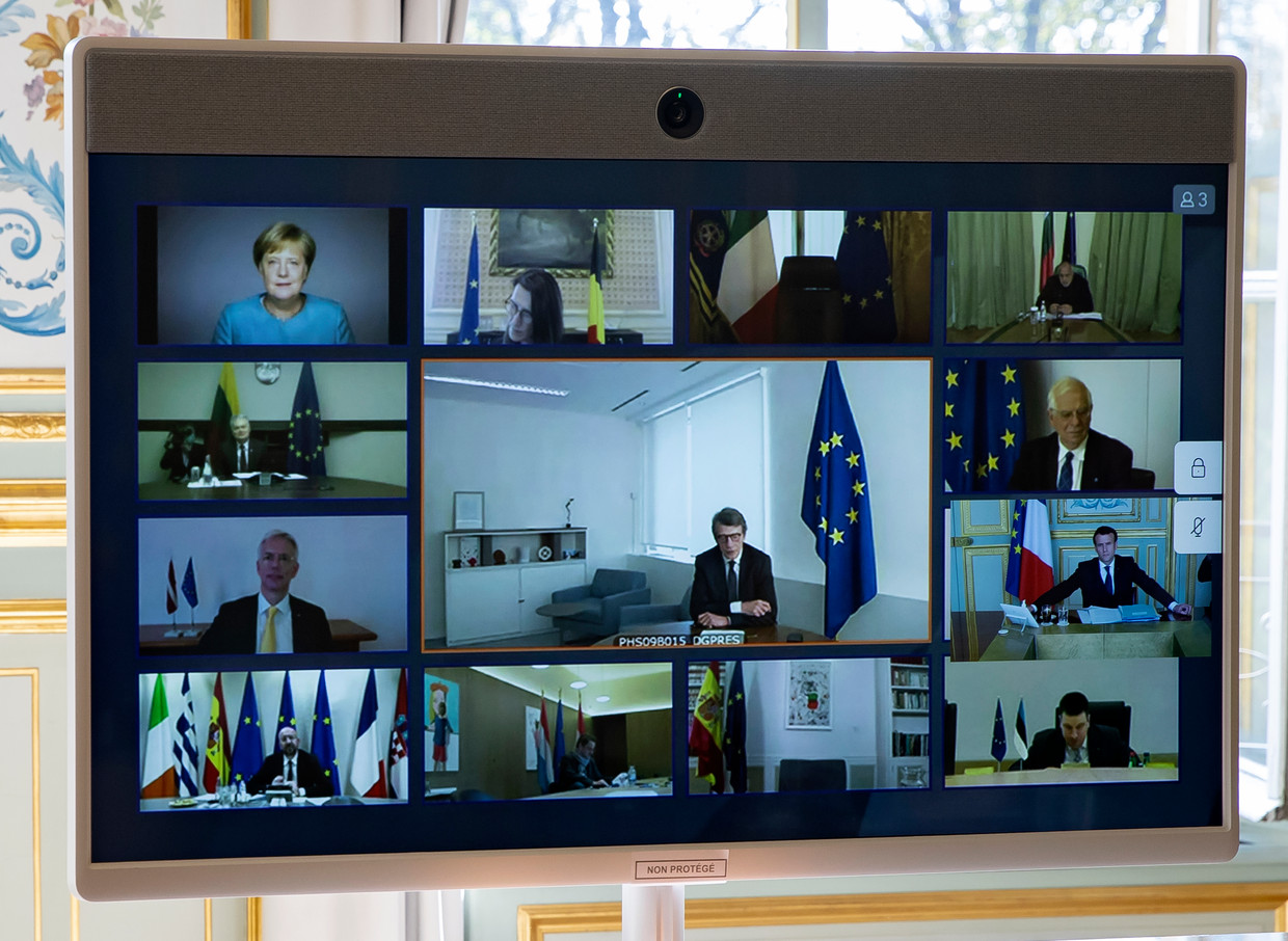 De videoconferentie van de Europese leiders, afgelopen donderdag.  Beeld AP