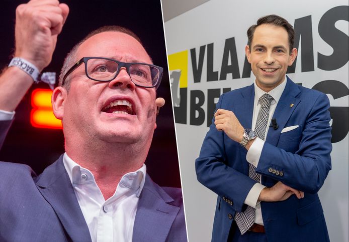 PVDA en Vlaams Belang zien hun ledenaantal wel aangroeien. Links PVDA-leider Raoul Hedebouw en rechts voorman van Vlaams Belang Tom Van Grieken.