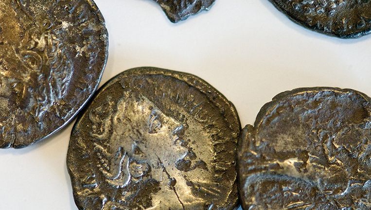 De munten hebben een beeltenis van een Romeinse keizer en stammen uit de periode van de eerste tot en met de derde eeuw na Christus. Ze zijn begin dit jaar gevonden door een amateurarcheoloog in het noorden van Drenthe. Beeld ANP