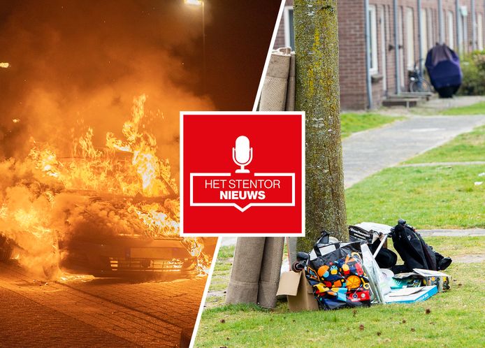 Een auto brandde volledig uit in Deventer, rechts: verloederde tuinen in het Schilderskwartier in Apeldoorn.