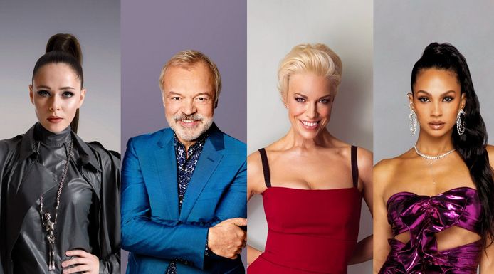 De presentatoren van het Eurovisiesongfestival in Liverpool:Julia Sanina, Graham Norton, Hannah Waddingham en Alesha Dixon.