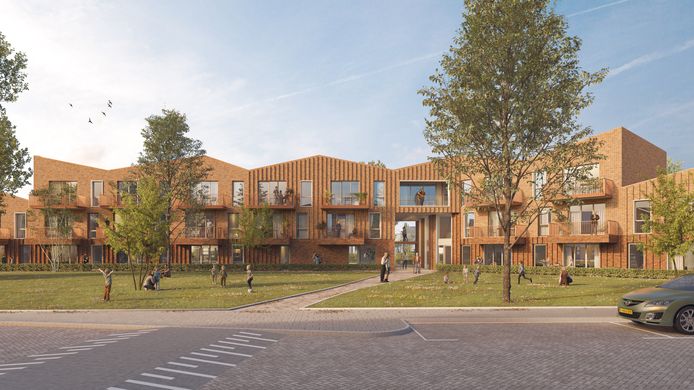 Een impressie van de nieuwbouwappartementen die aan de Van 't Hoffstraat in Etten-Leur moeten komen. Het dak heeft punten, als een kroon.