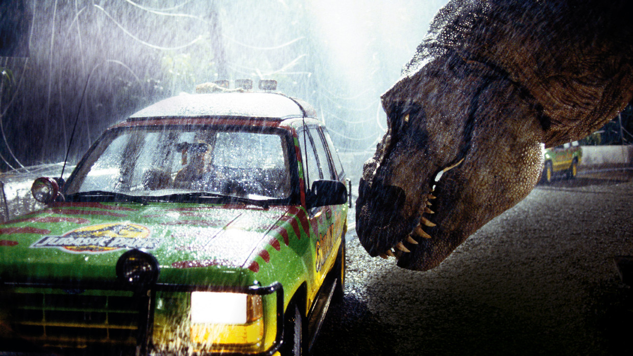 De angstaanjagende T. rex uit de cultfilm 'Jurassic Park' (1993). Beeld RV