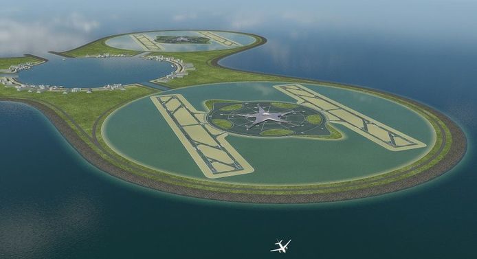 Een artist impression uit het plan dat baggeraars Van Oord en Royal Haskoning in 2008 maakten voor een Schiphol in zee