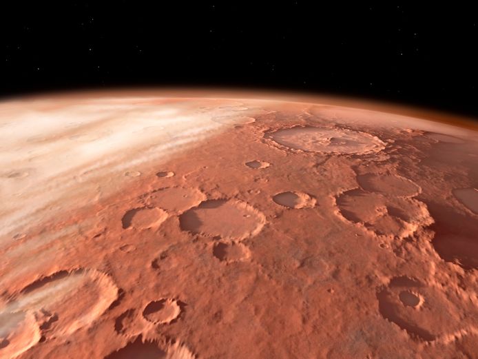 Het dorre, onherbergzame oppervlak van Mars.