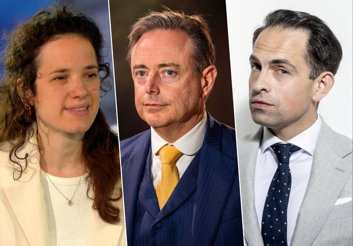 Fotomontage: HLN-journalist Isolde Van den Eynde, N-VA-voorzitter Bart De Wever en Vlaams Belang-voorzitter Tom Van Grieken.