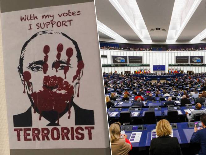 EU-parlementariërs die weigerden Rusland als terreurstaat te erkennen, treffen bloederige posters op kantoordeuren aan