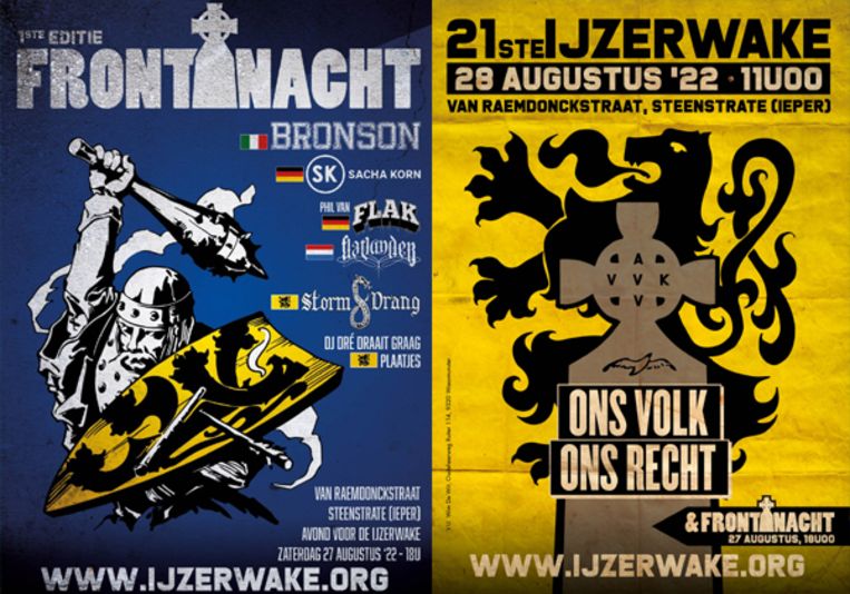 De affiches van het intussen afgelaste festival Frontnacht en van de 21ste IJzerwake. Beeld vzw IJzerwake 