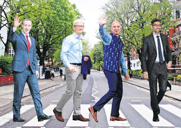 De ‘Fab Four’: Mark Zuckerberg (Facebook), Tim Cook (Apple), Jeﬀ Bezos (Amazon) en Sundar Pichai (Alphabet/Google), beeldmontage ADR.