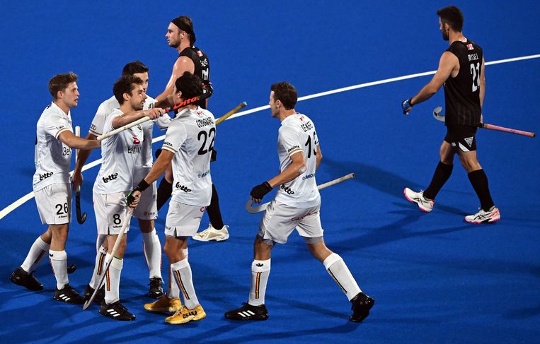 De Red Lions (in het wit) stoten door naar de halve finales van het WK. Beeld BELGA