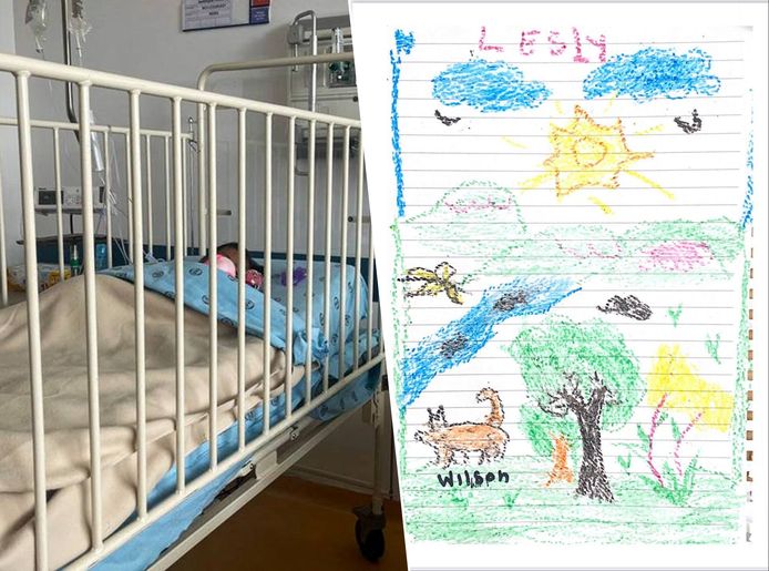 Fotomontage. Links één van de vier geredde kinderen in het ziekenhuis. Rechts een tekening van het oudste meisje Lesly waarop speurhond Wilson is te zien.
