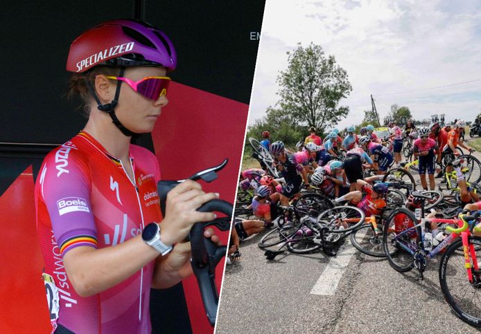 Lotte Lotte Kopecky (à gauche). Chute massive sur la cinquième étape du Tour de France (à droite).