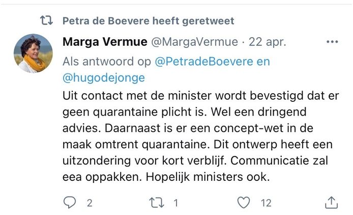 De burgemeester van Sluis laat op Twitter verstaan dat er geen quarantaineverplichting is.