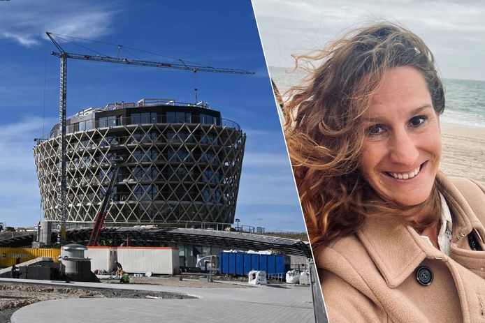 Links een foto van het casinoproject in Middelkerke, waar ze de laatste afwerking voorzien. Rechts zie je Sarah Van de Velde, de marketing director van het casinogedeelte.