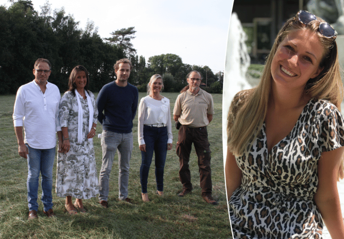 Ouders Johan Gysel en Griet Depreitere, milieuambtenaar Robrecht Hindryckx, schepen Jessy Salenbien en boswachter Koen Maertens van ANB bij de voorstelling van het project in september vorig jaar. Rechts: Charlotte Gysel.