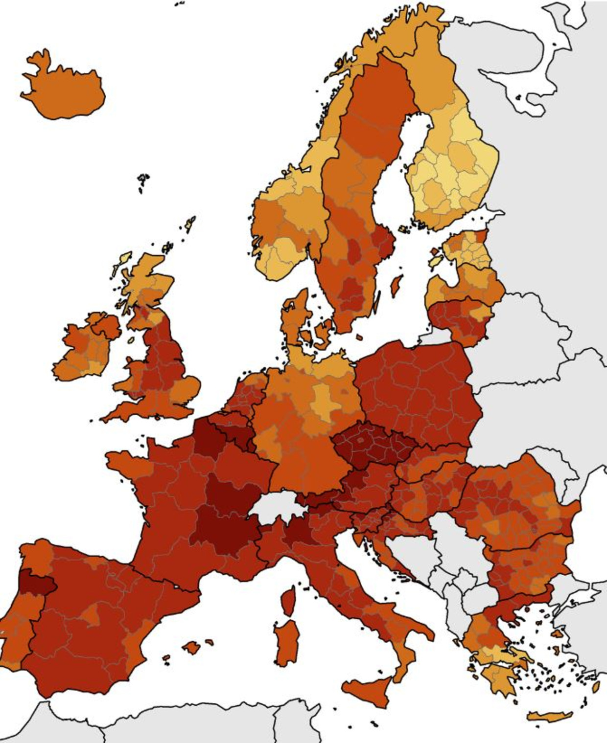 De meest recente coronakaart van Europa op vlak van aantal besmettingen per 100.000 inwoners. Beeld ECDC