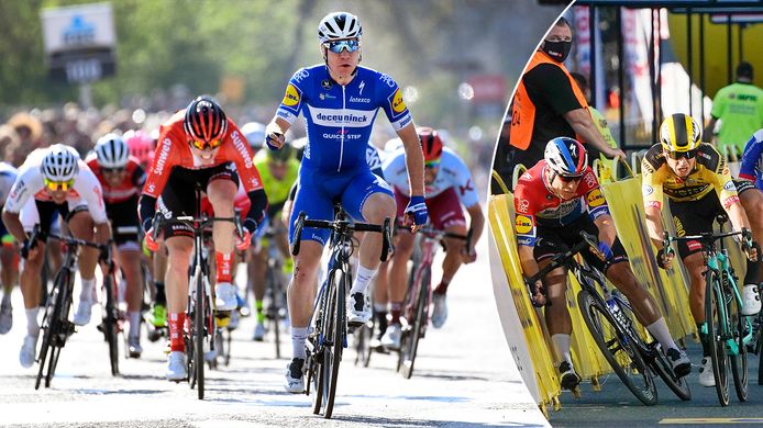 Links: Jakobsen won vorig jaar de Scheldeprijs, rechts: de erg zware crash in de Ronde van Polen.