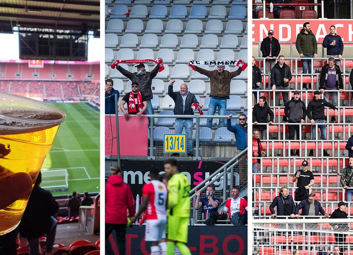 Drie beelden van fans in de stadions, afgelopen weekend. Vlnr rechts: Bij FC Twente, FC Emmen en PSV.