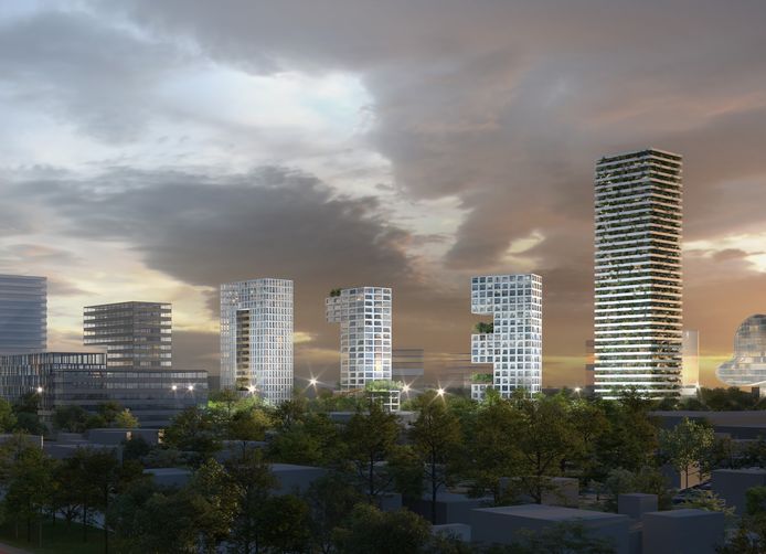 De drie woontorens van architect Winy Maas, die samen het getal '013' vormen. Voor de overige gebouwen op de impressie bestaan nog geen plannen.