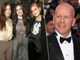 Demi Moore en dochters Scout laRue Willis (L) en Tallulah Willis (R) in  2018 (links) en Bruce Willis in 2012 (rechts).