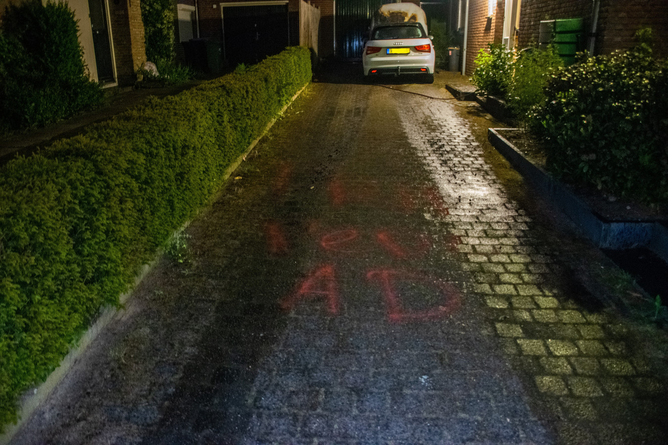 Op de Gerrit van Durenstraat in Nijmegen heeft in de nacht van donderdag op vrijdag een auto in brand gestaan. De brand is vermoedelijk aangestoken en op de oprit is een tekst gespoten: ‘Free red AD’.