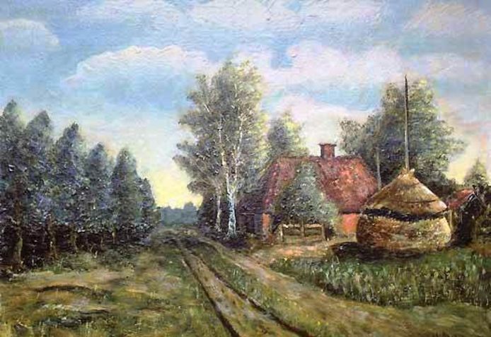 Boerderij Kranenbarg op 't Loo zoals Herman Abbink de plek al schilderend vastlegde. Het schilderij is te zien op de expositie in Museum De Scheper.
